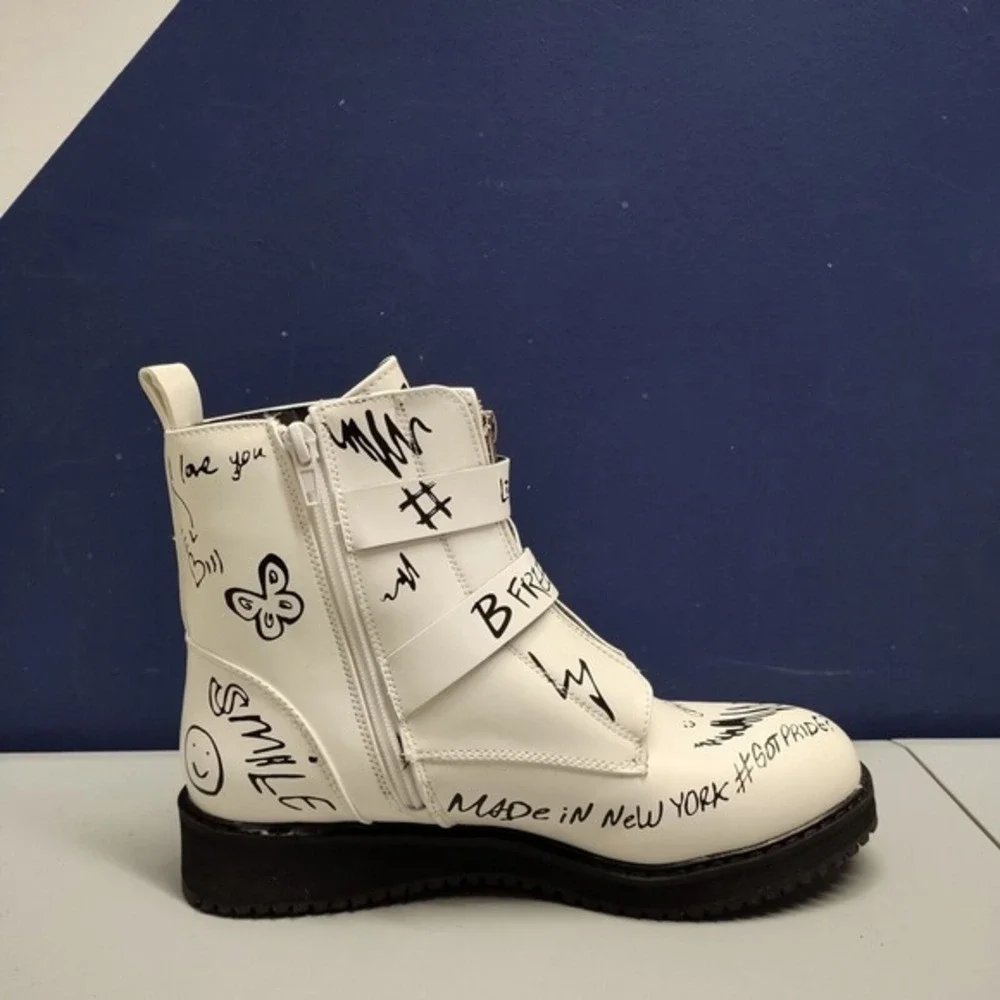 Steve Madden Wordup Ankle Boots Girls Sz 5 White Black Allover Design 128692 EUC